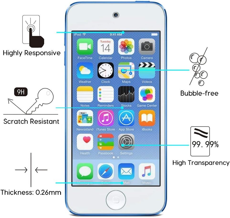 Tempered Glass Screen Protector for New iPod Touch (7th / 6th / 5th Gen, 2015 / 2019 Released), 2 Pack