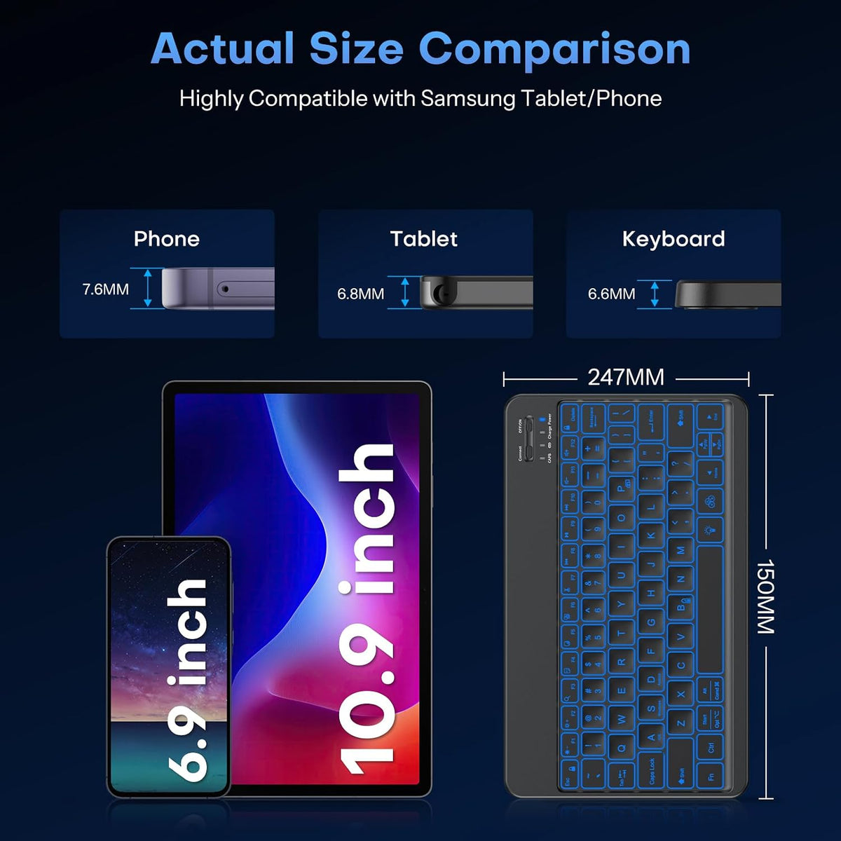 Bluetooth Tablet Keyboard Rechargeable with Backlit, Oversize Keycap