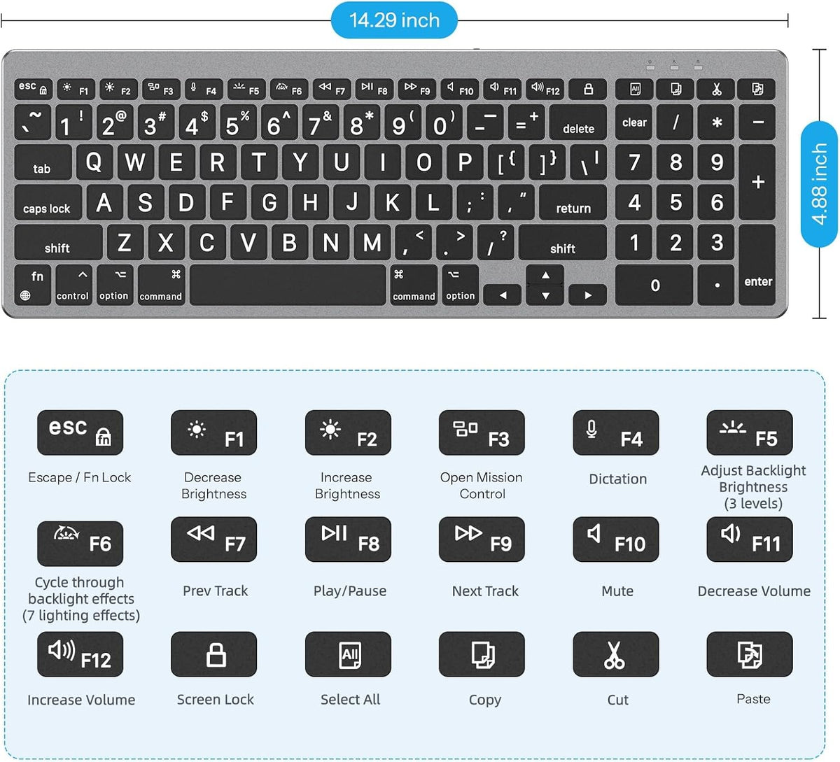 Wired Keyboard for Mac, Large Print, 7 Color Backlit, USB-C & USB-A