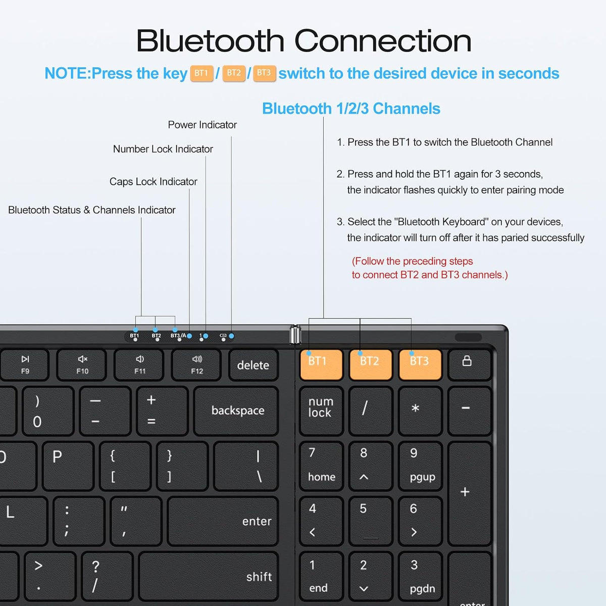 Foldable Keyboard for Travel, Full Size with Number Pad, Black