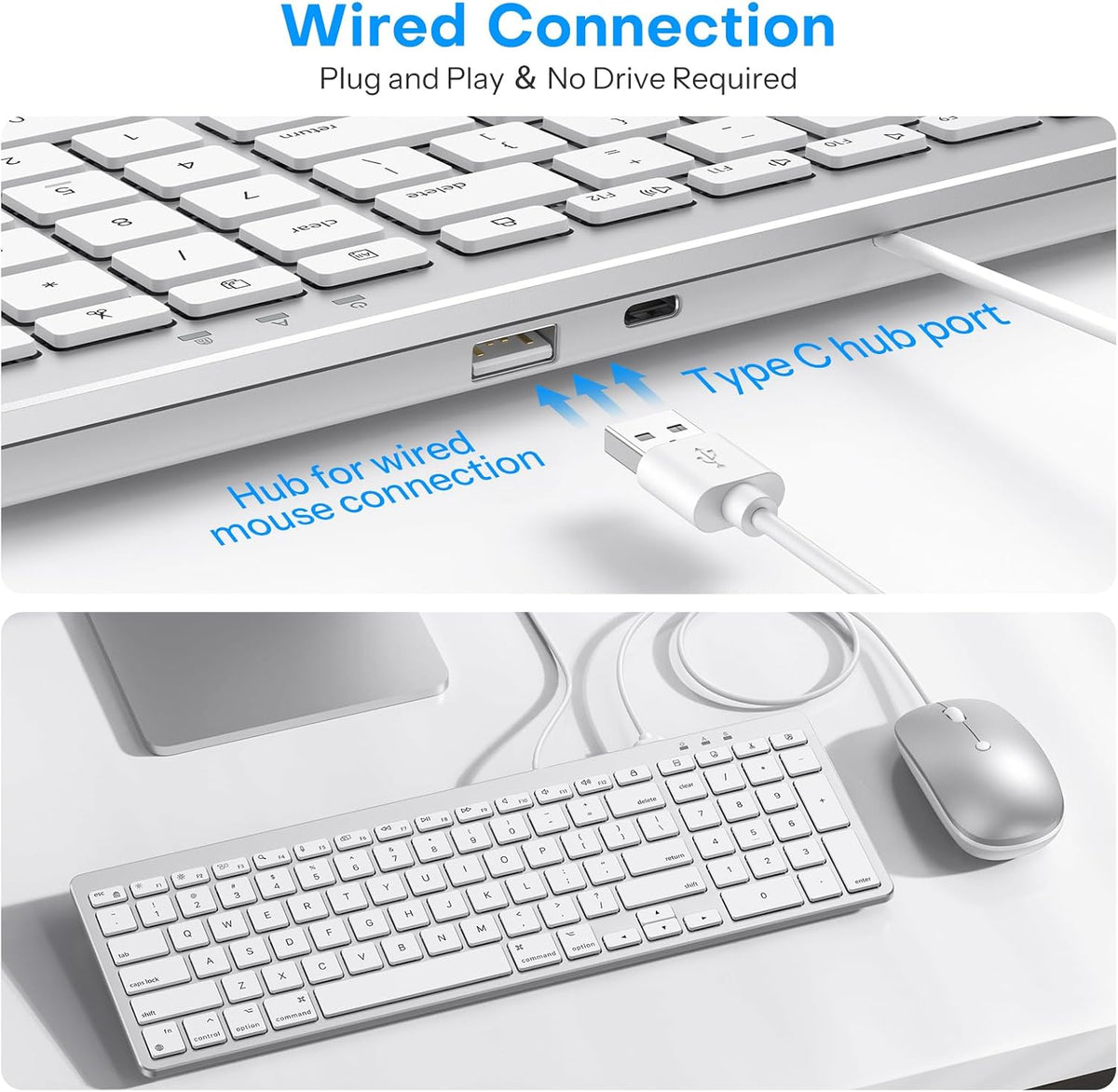 Wired Keyboard and Mouse for Mac, USB-C & USB-A, Number Pad, Silver White