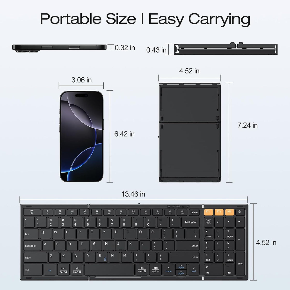 Foldable Keyboard for Travel, Full Size with Number Pad, Black