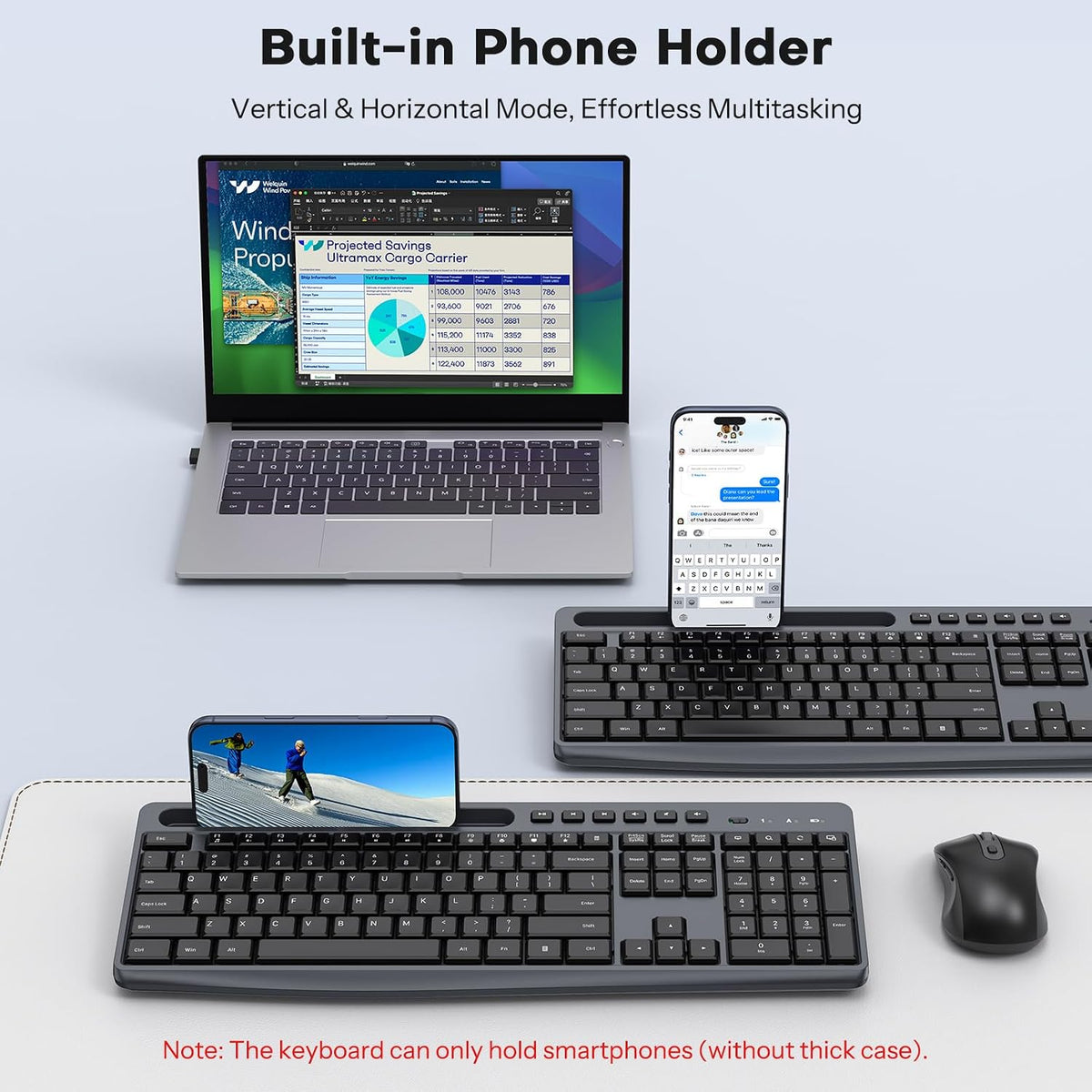 Wireless Keyboard and Mouse Combo, 2.4G Quiet Set with Phone Holder