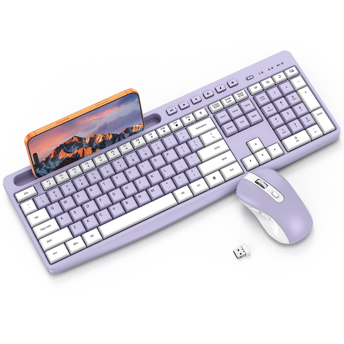 Purple Wireless Keyboard and Mouse Combo, Built-in Phone Holder