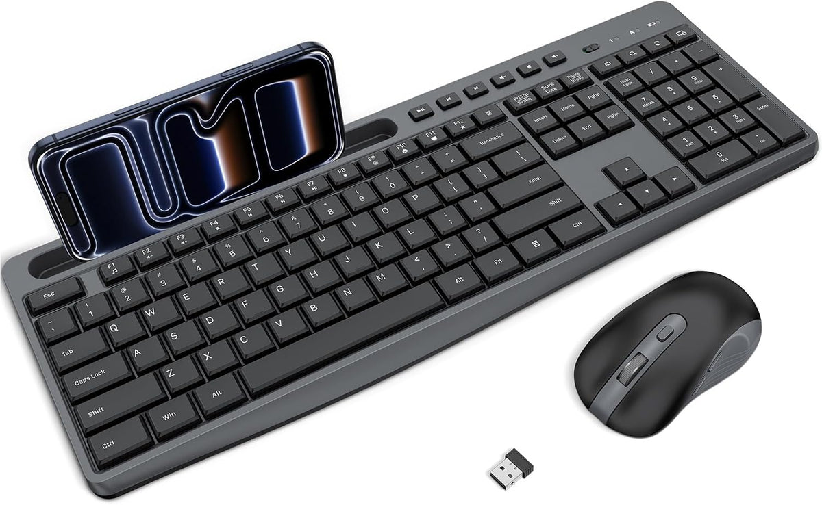Wireless Keyboard and Mouse Combo, 2.4G Quiet Set with Phone Holder