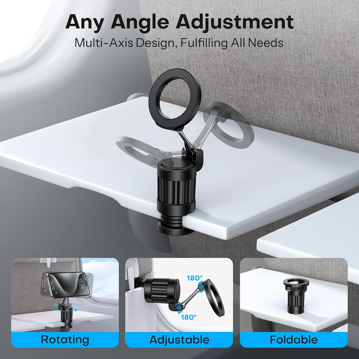 360°Rotating Magnetic Airplane Phone Holder Mount, for Magsafe Airplane Travel Essentials Accessories, Adjustable Foldable Universal Handsfree Phone Stand for iPhone 17 16 15 14 Pro Max Air