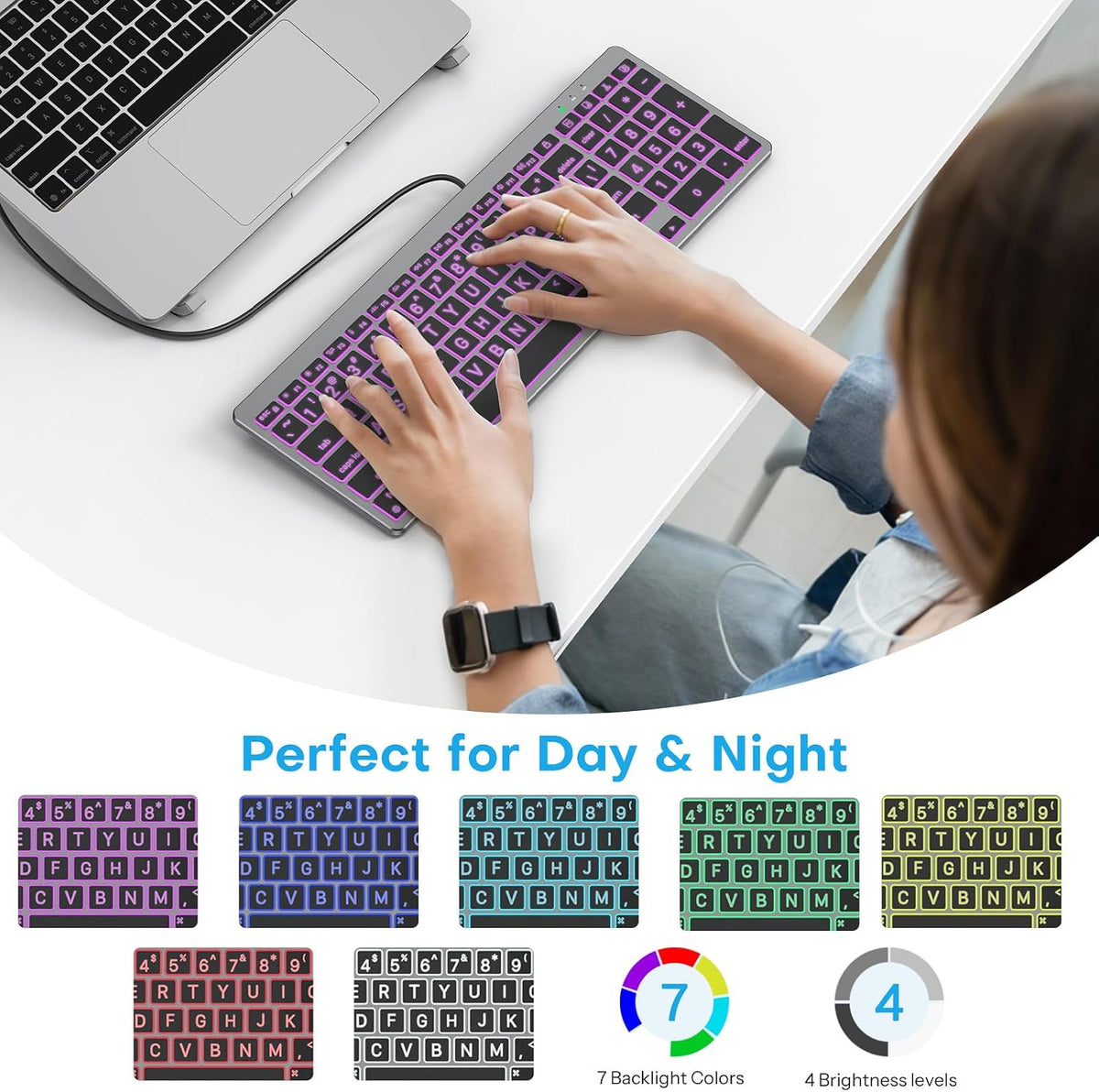 Wired Keyboard for Mac, Large Print, 7 Color Backlit, USB-C & USB-A