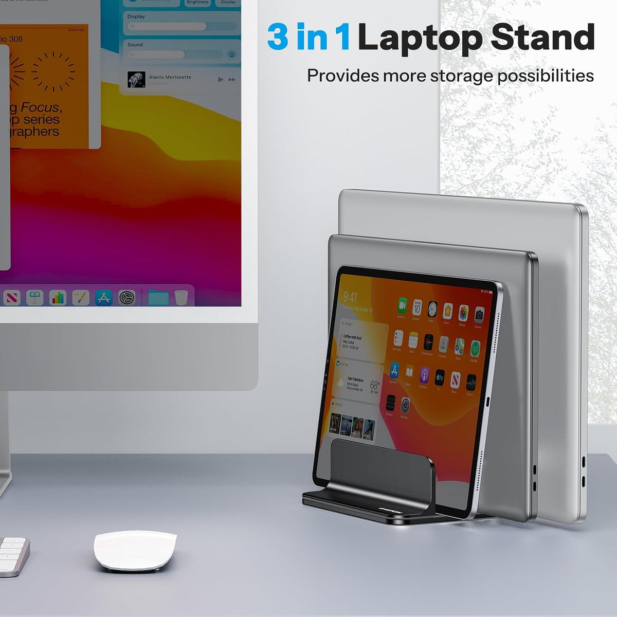 3-Slot Multiple Vertical Laptop Stand, Fits All MacBook, Black