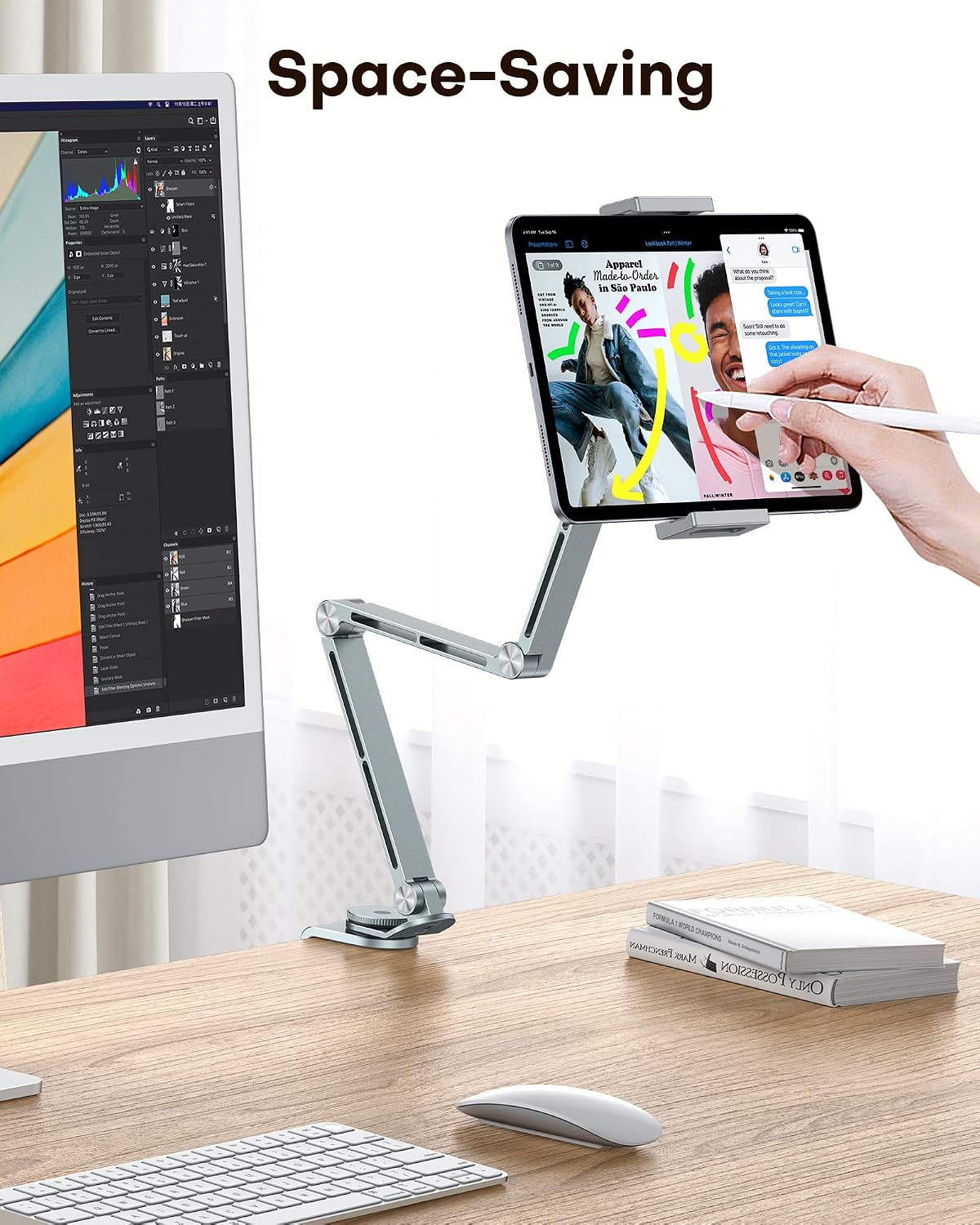 GH03 Tablet Holder with 2 ABS Clamps, Aluminum Long Arm Mount, Grey