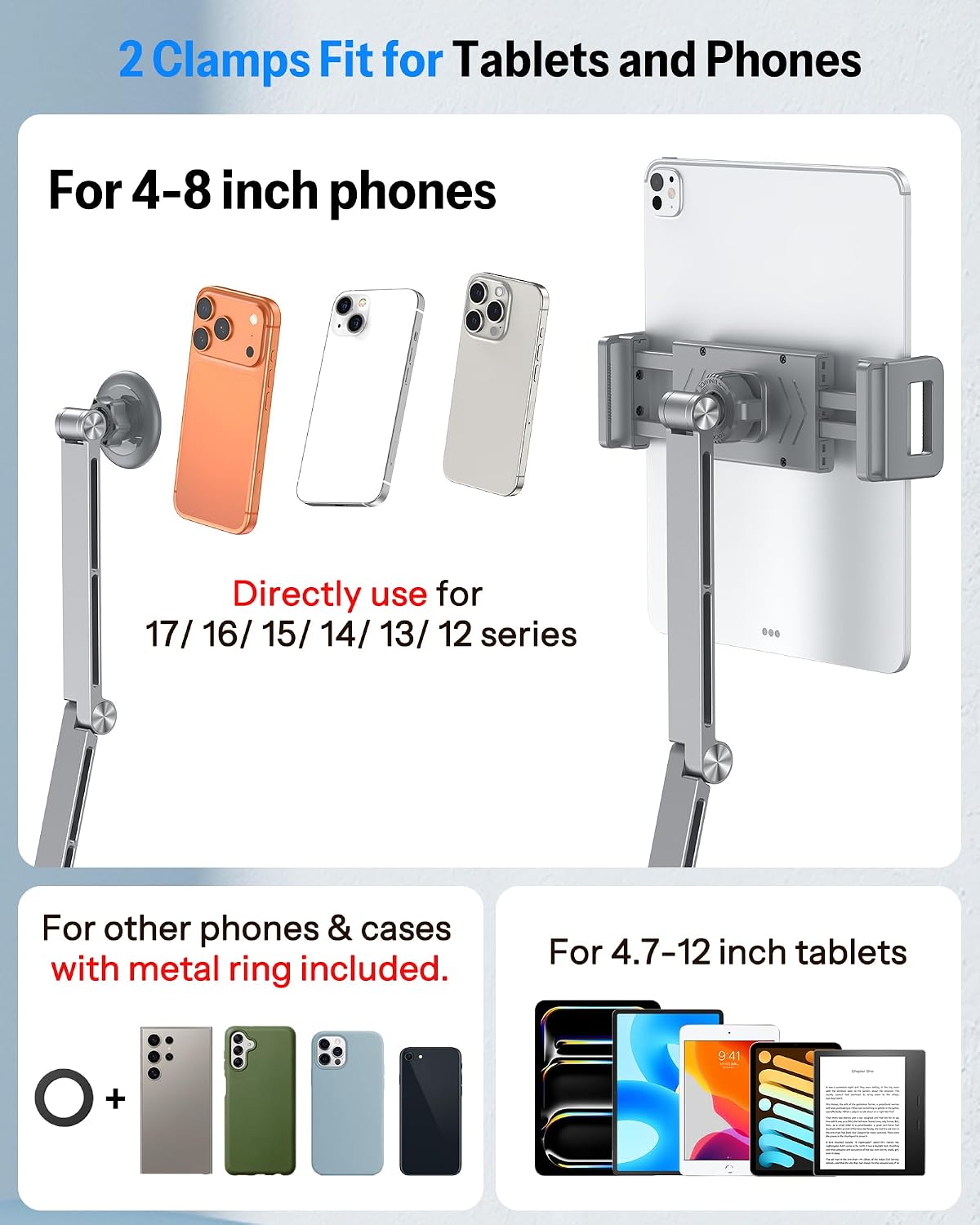 Tablet Stand for iPad with 360° Rotation, GH04 Aluminum Alloy Long Arm Phone Mount with Magnetic Phone Head & Plastic Tablet Clamp, Adjustable Holder for 4-13" iPad Pro/iPhone, Grey