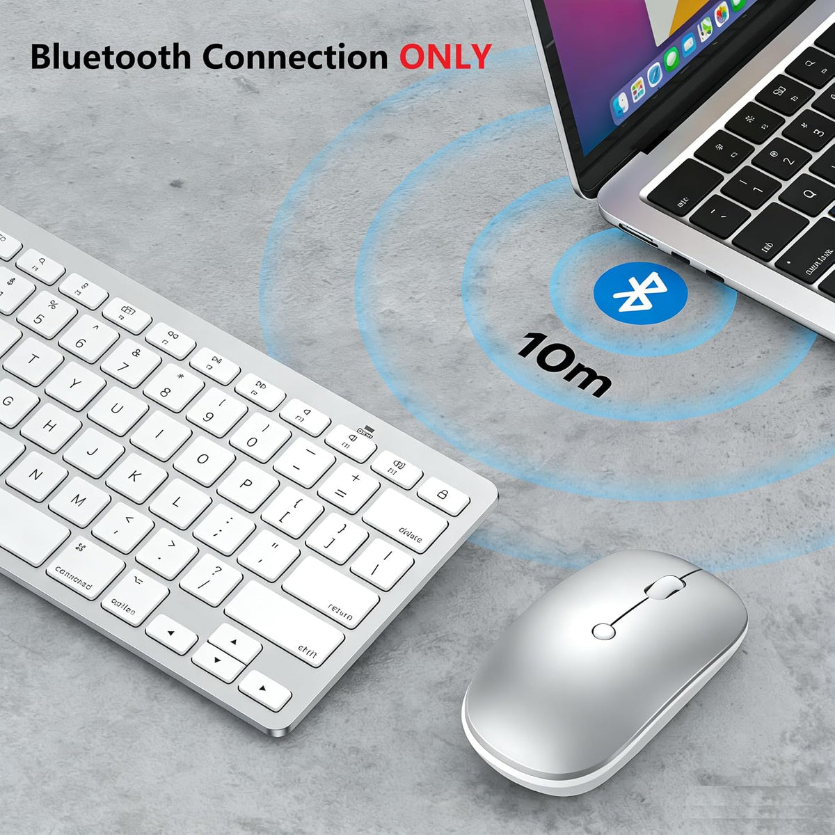 Wireless Keyboard and Mouse for Mac, 14 Media Shortcuts Keyboard with Adjustable DPI Mouse, Slim & Portable Design, Stable Bluetooth Connection, Silver-White,OMOTON