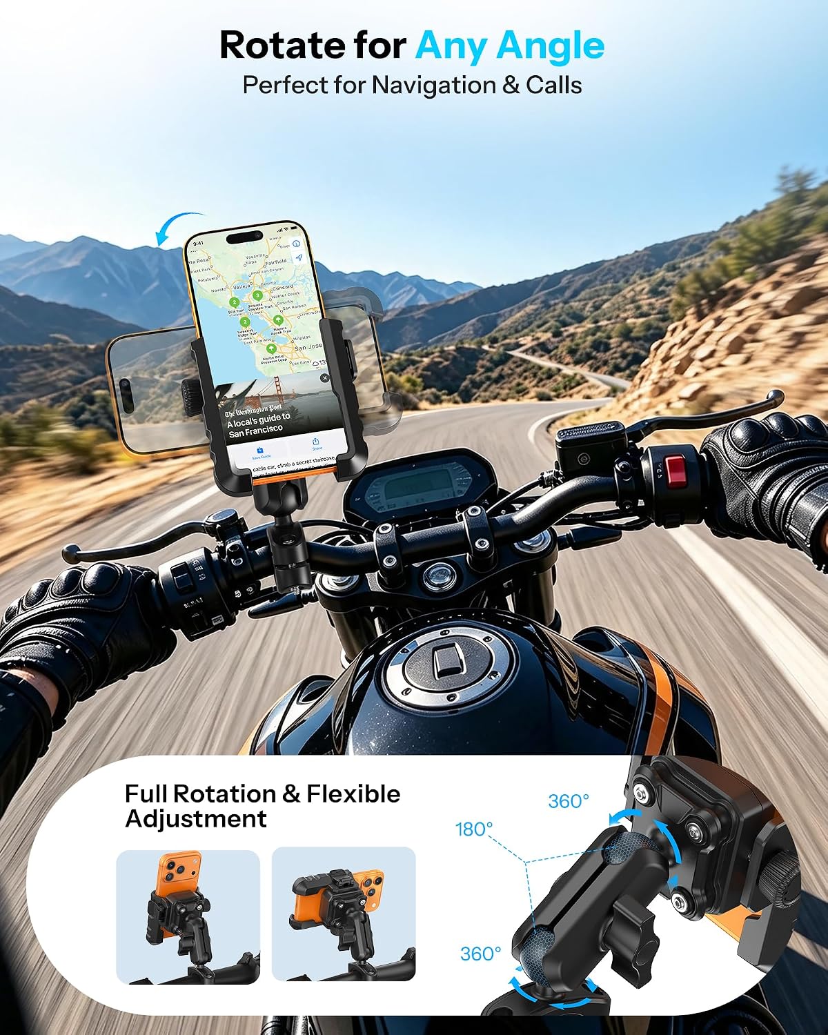 Bike Phone Holder Extended Arm, Anti-Shake Camera-Friendly Mount