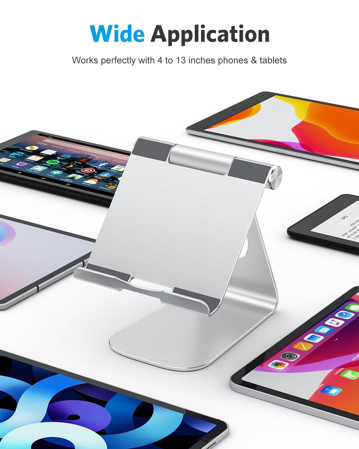 T1 Adjustable Tablet Stand for Desk, Aluminum Holder for iPad Silver