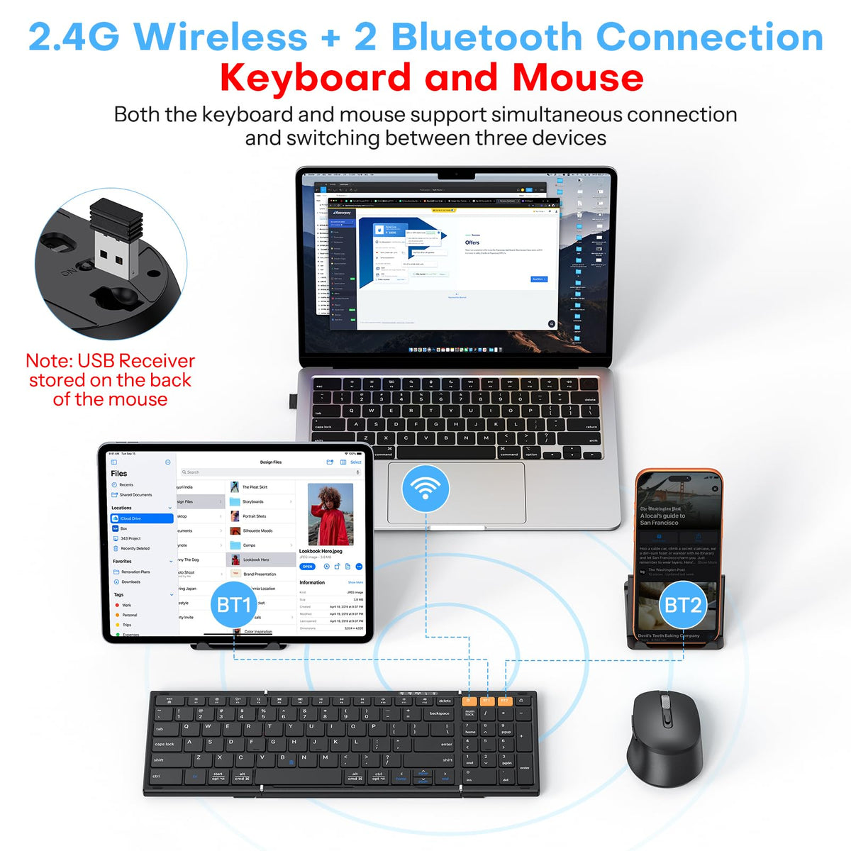 Foldable Keyboard and Mouse for 3 Devices, Wireless Bluetooth Combo