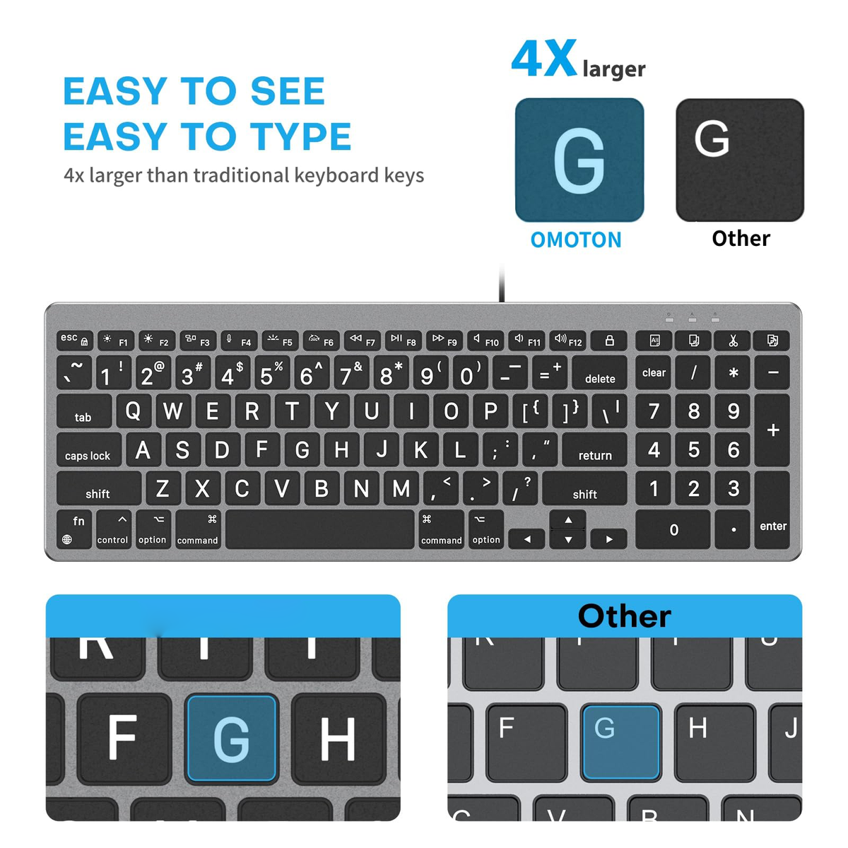 Wired Keyboard for Mac, Large Print, 7 Color Backlit, USB-C & USB-A