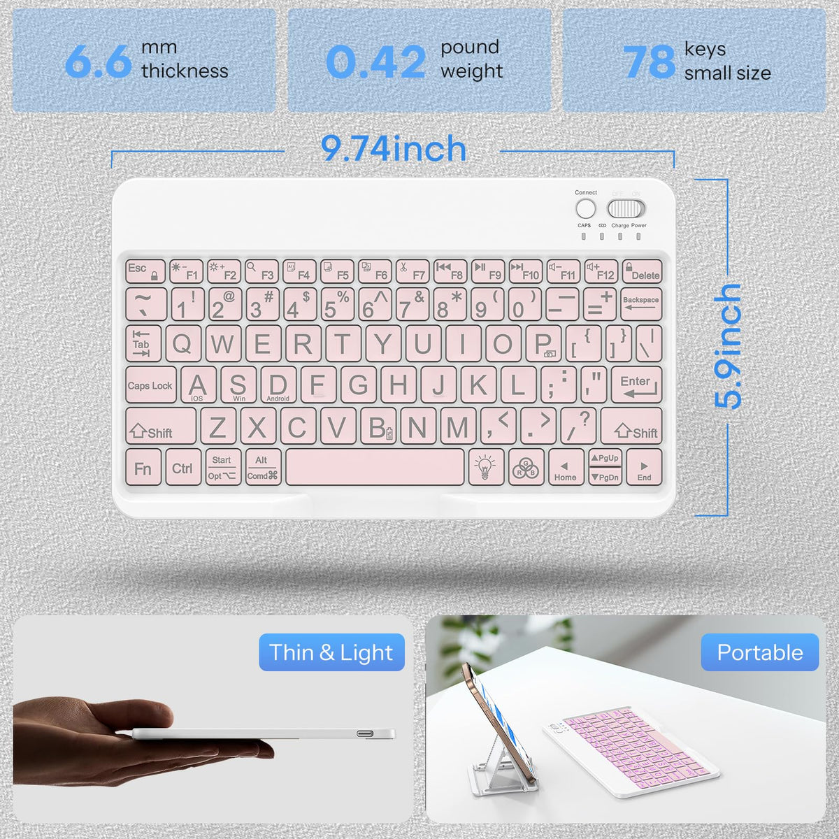 Large Print Bluetooth Keyboard for iPad & Tablets, Backlit, Pink