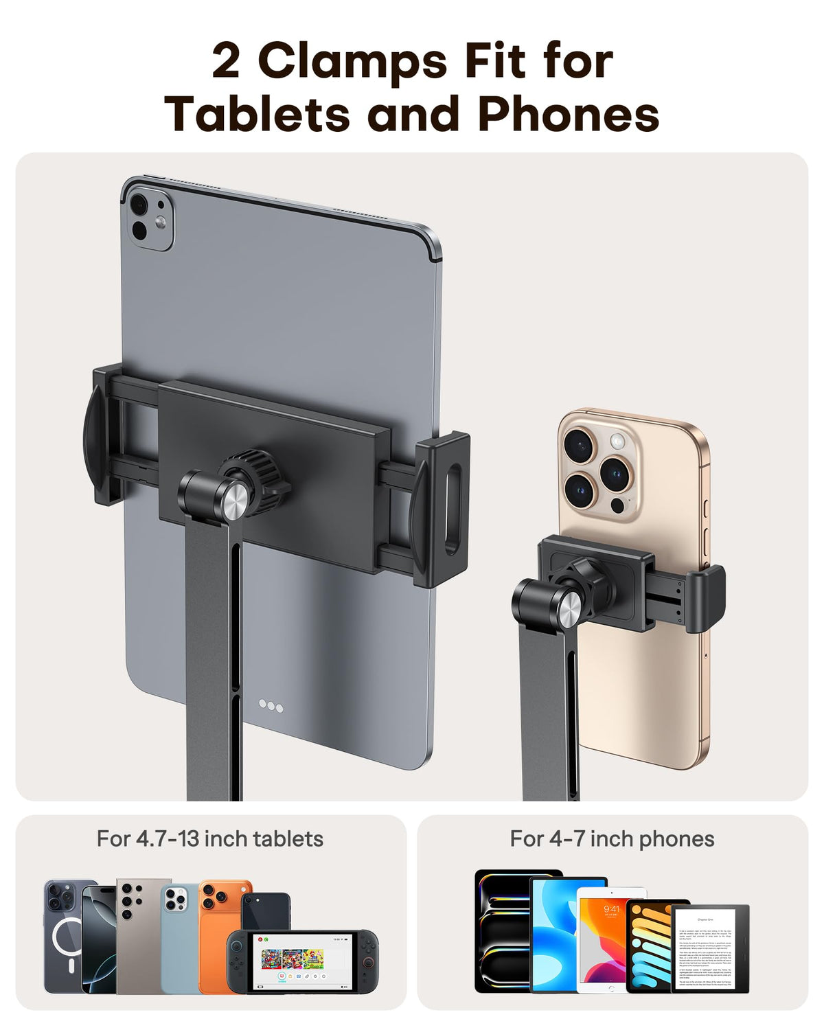 GH03 Tablet Holder with 2 ABS Clamps, Aluminum Long Arm Mount, Black