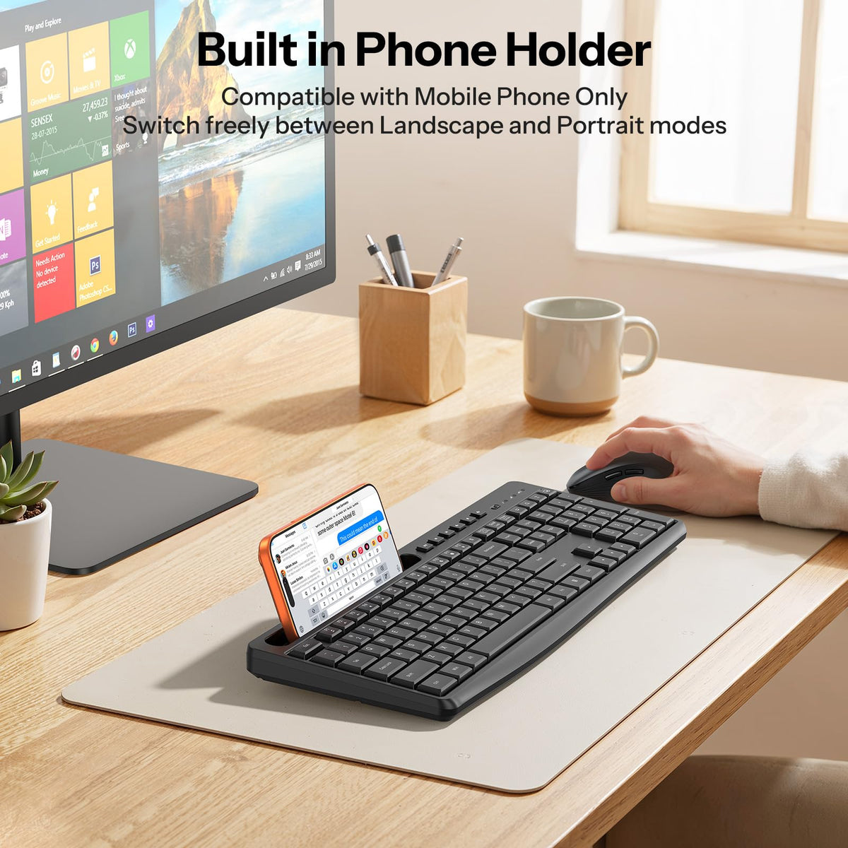 Dark Black Wireless Keyboard and Mouse Combo, Built-in Phone Holder