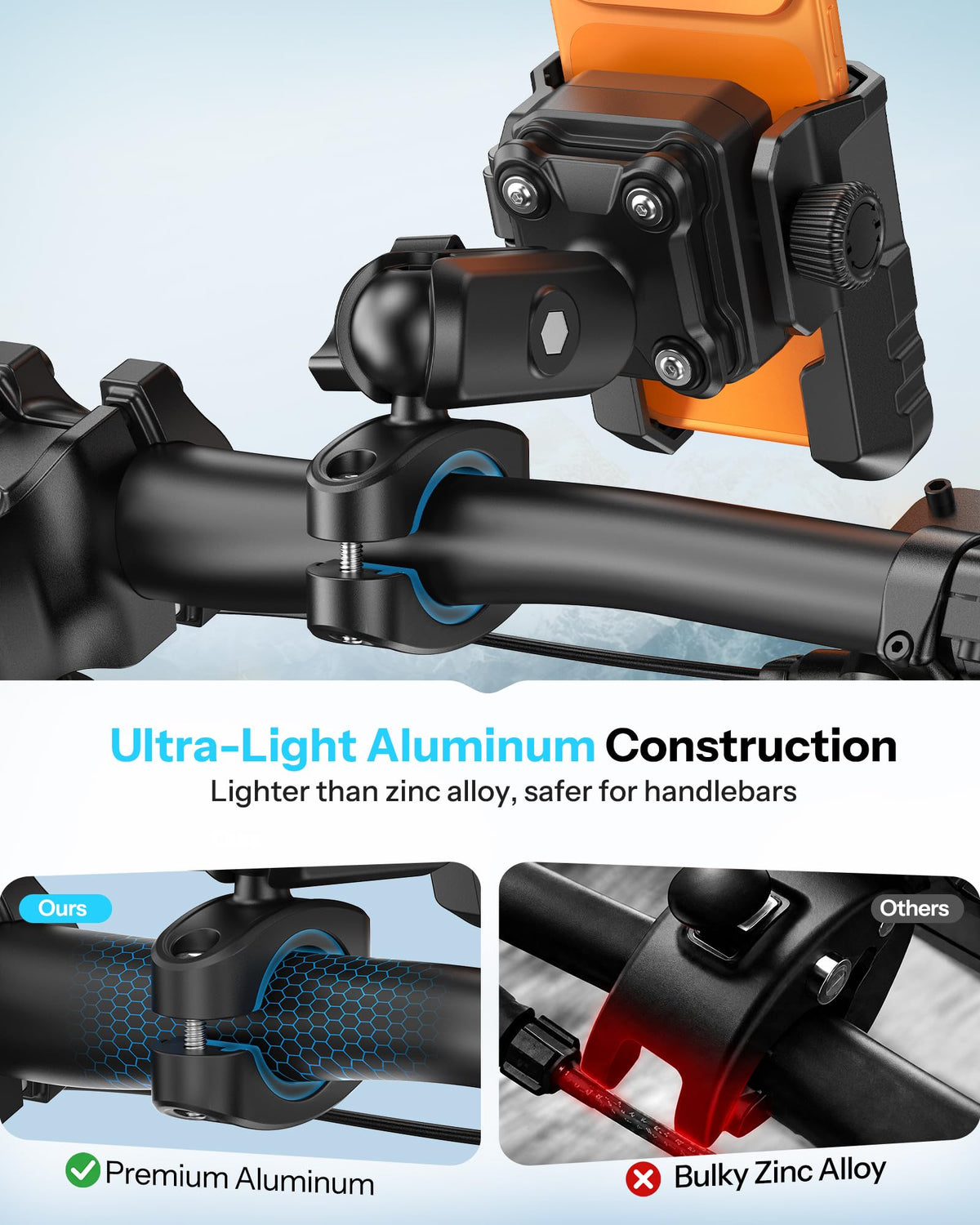 Bike Phone Holder Extended Arm, Anti-Shake Camera-Friendly Mount