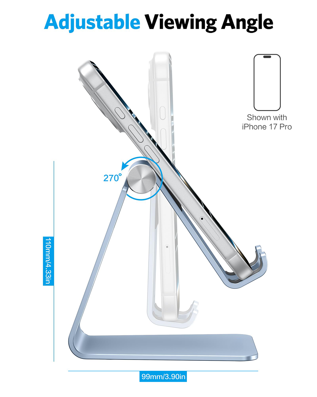 Aluminum Desktop Cellphone Stand with Anti-Slip Base and Convenient Charging Port, Fits All Smart Phones, Light Blue