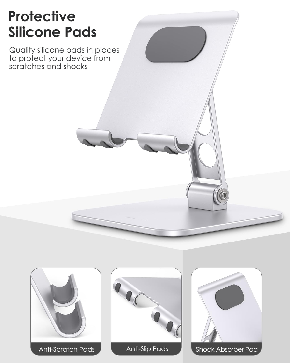T5 Foldable Tablet Stand, Heavy Adjustable Holder for iPad, Silver