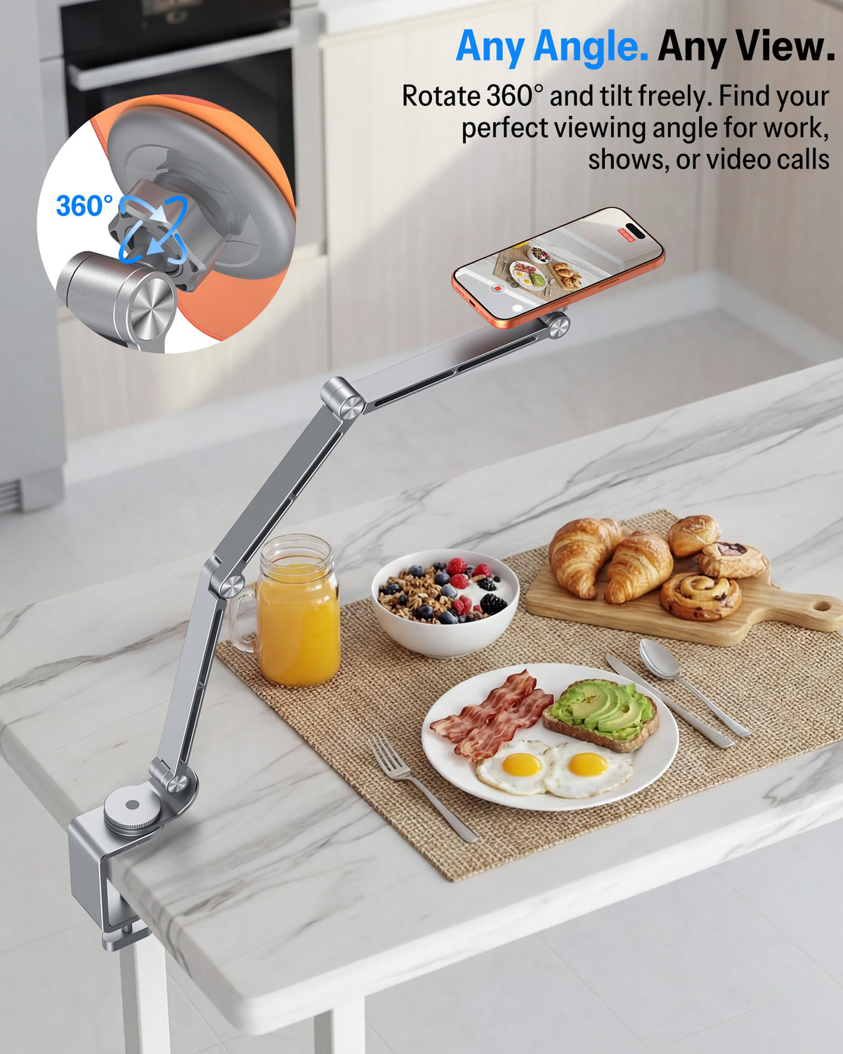 Tablet Stand for iPad with 360° Rotation, GH04 Aluminum Alloy Long Arm Phone Mount with Magnetic Phone Head & Plastic Tablet Clamp, Adjustable Holder for 4-13" iPad Pro/iPhone, Grey