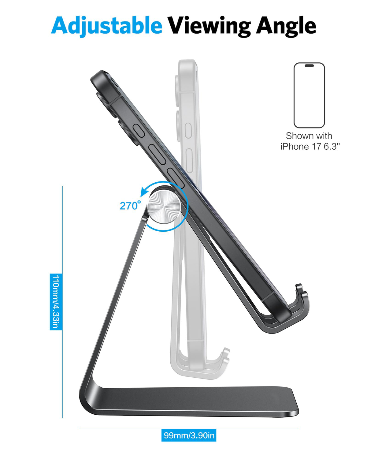 C2 Adjustable Aluminum Cell Phone Stand with Charging Cutout, Black