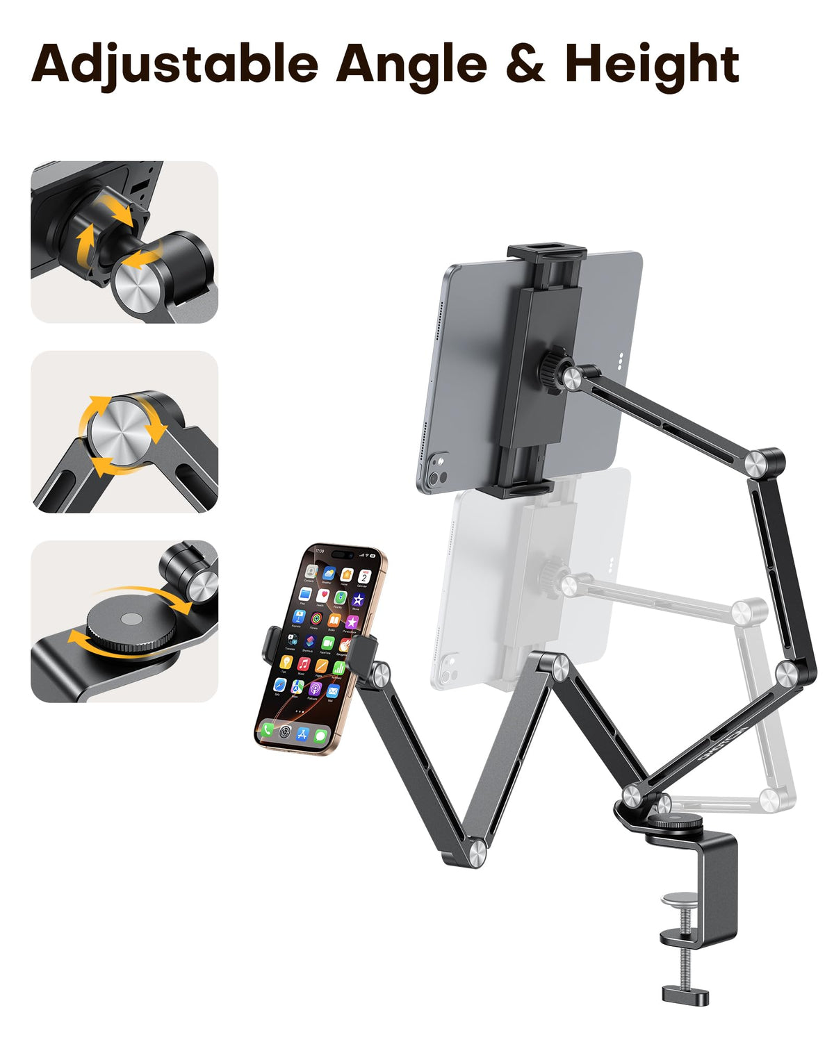 GH03 Tablet Holder with 2 ABS Clamps, Aluminum Long Arm Mount, Black
