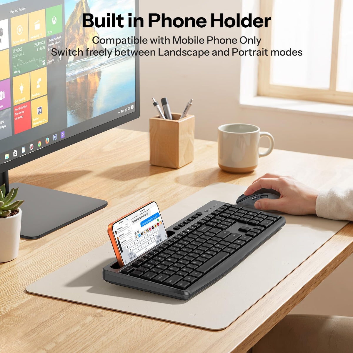 Black Wireless Keyboard and Mouse Combo, Built-in Phone Holder
