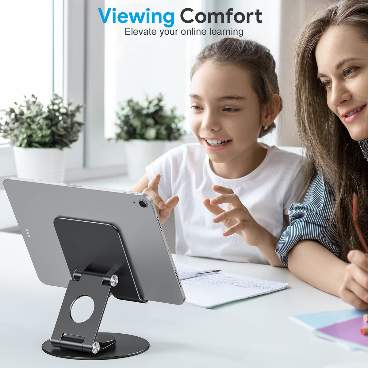 Swivel Tablet Stand for iPad with 360 Rotating Base, Foldable Adjustable Holder for Drawing, Compatible with iPad Pro/Air/Mini and More, Black Gray