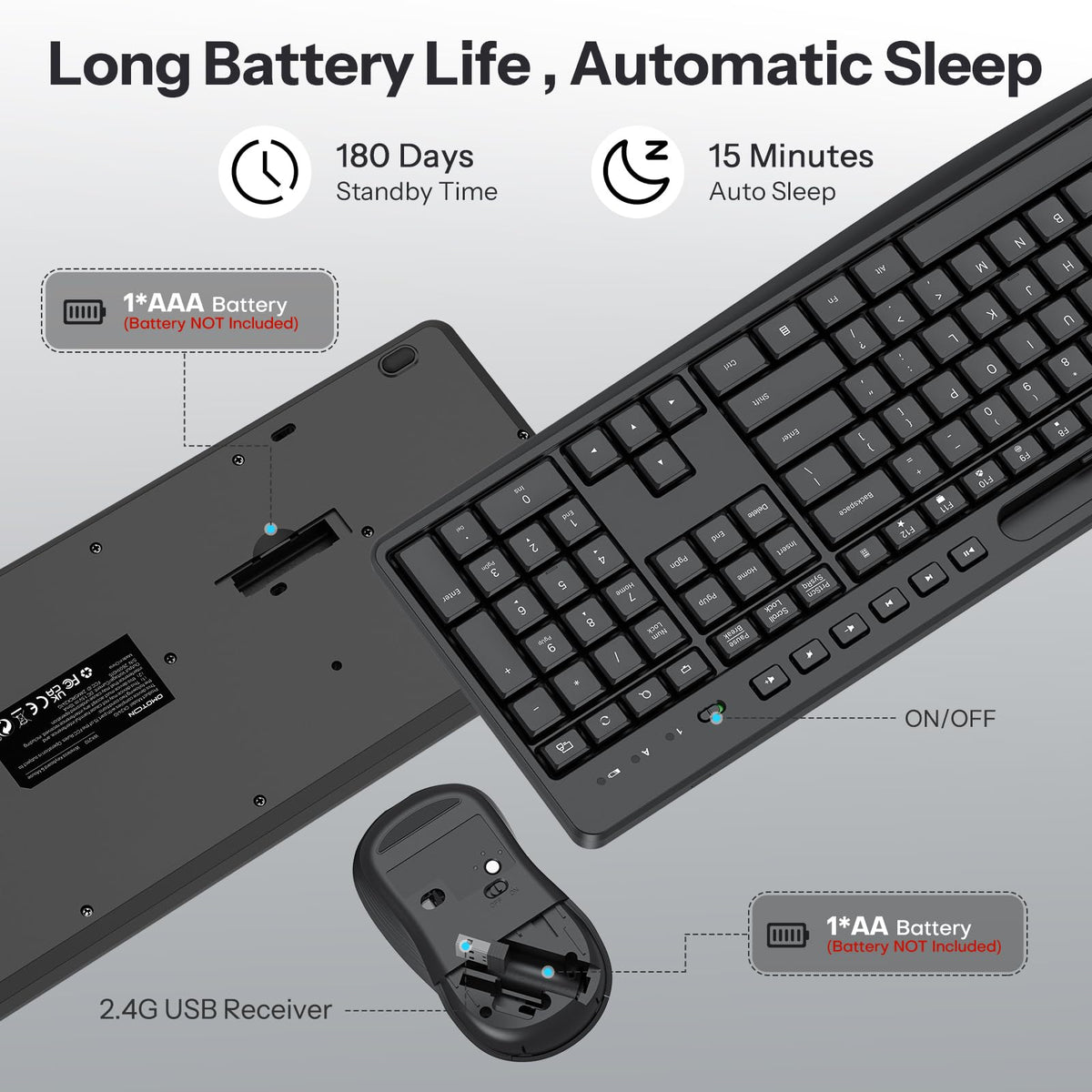 Dark Black Wireless Keyboard and Mouse Combo, Built-in Phone Holder