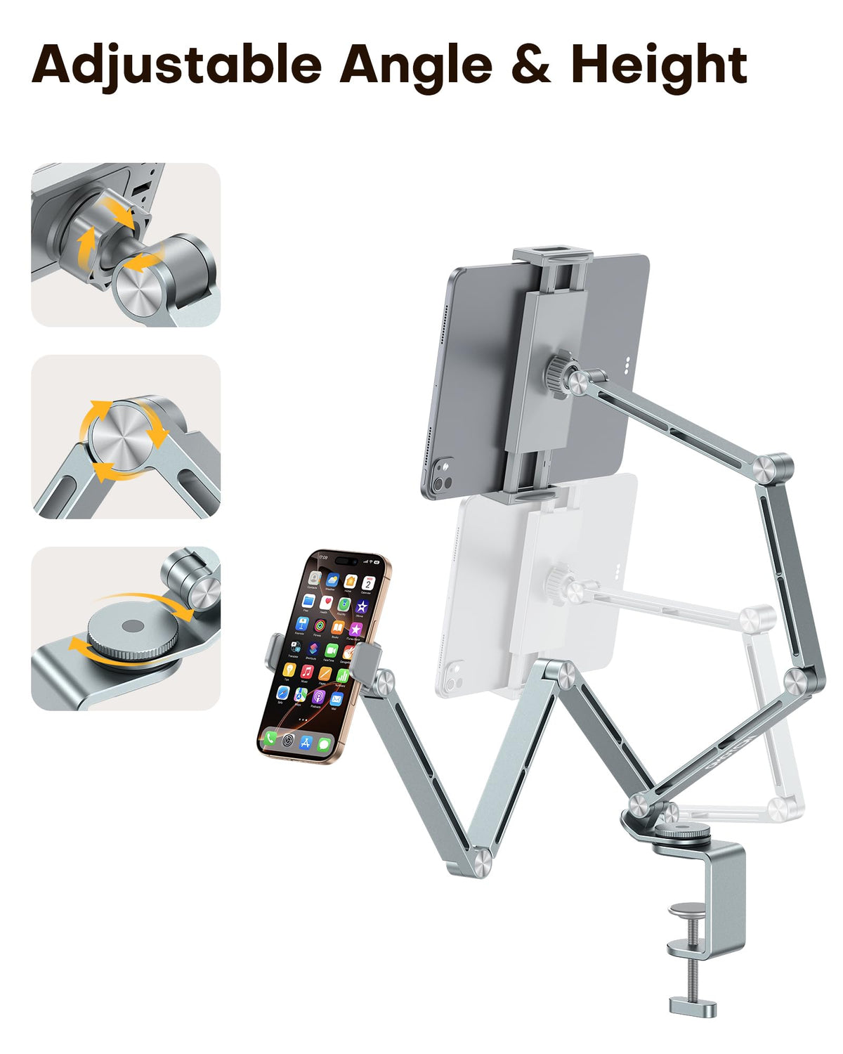 GH03 Tablet Holder with 2 ABS Clamps, Aluminum Long Arm Mount, Grey