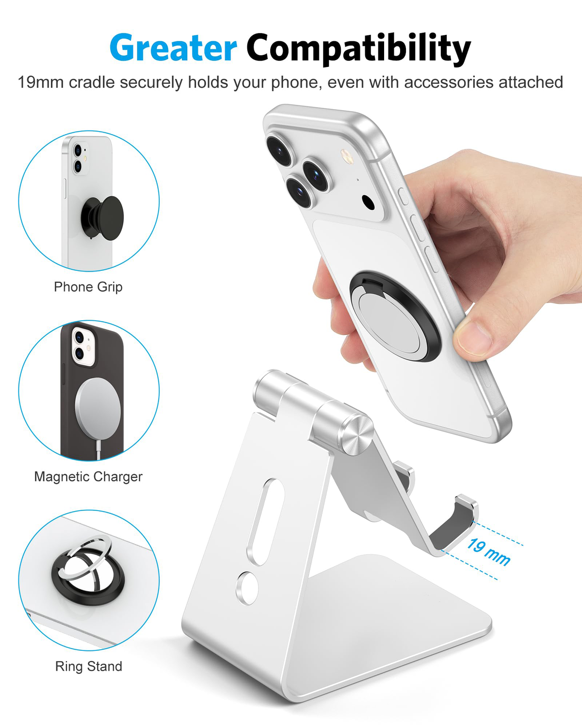 C2 Adjustable Aluminum Cell Phone Stand with Charging Cutout, Silver