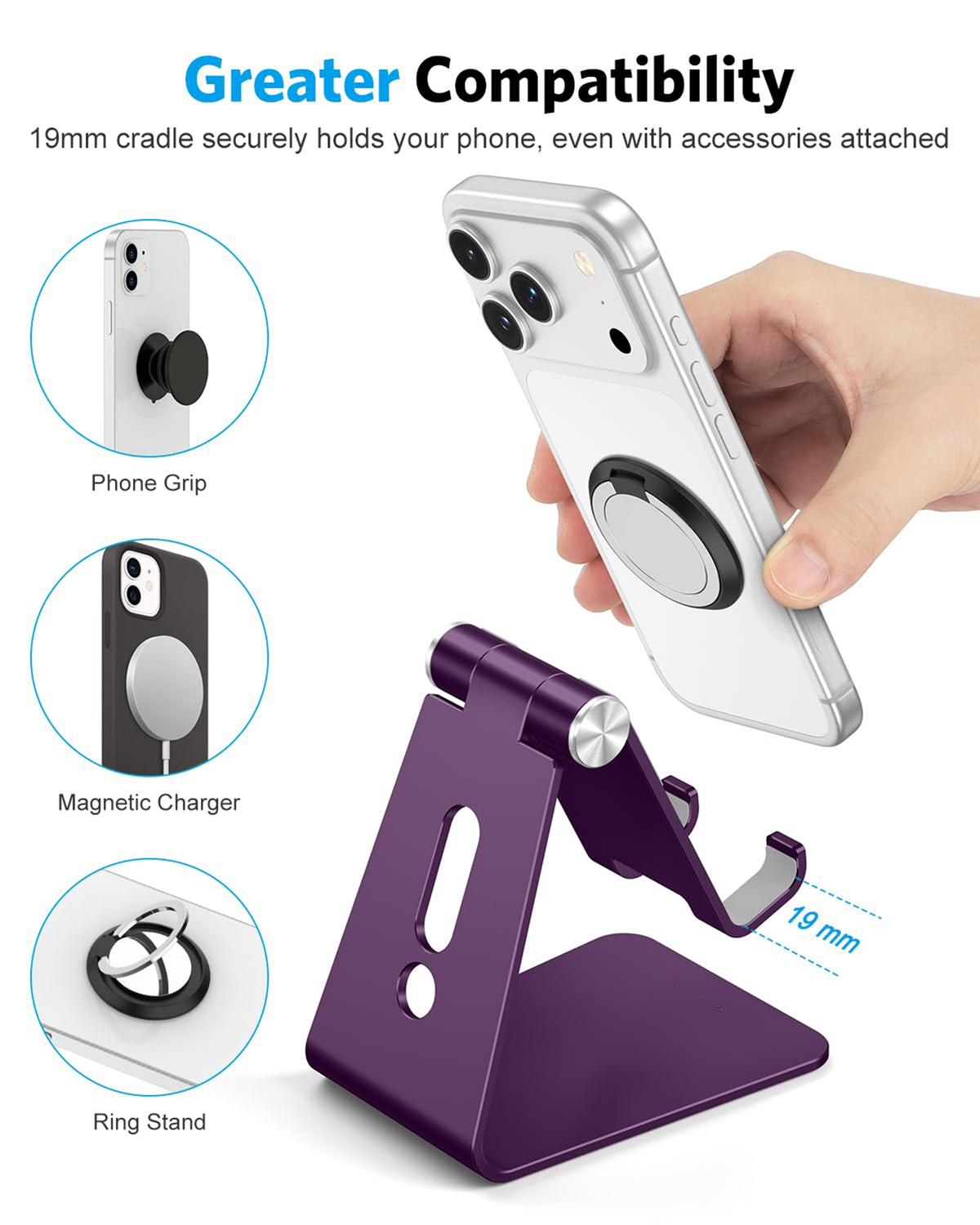 C2 Adjustable Cell Phone Stand with Charging Cutout, Deep Purple