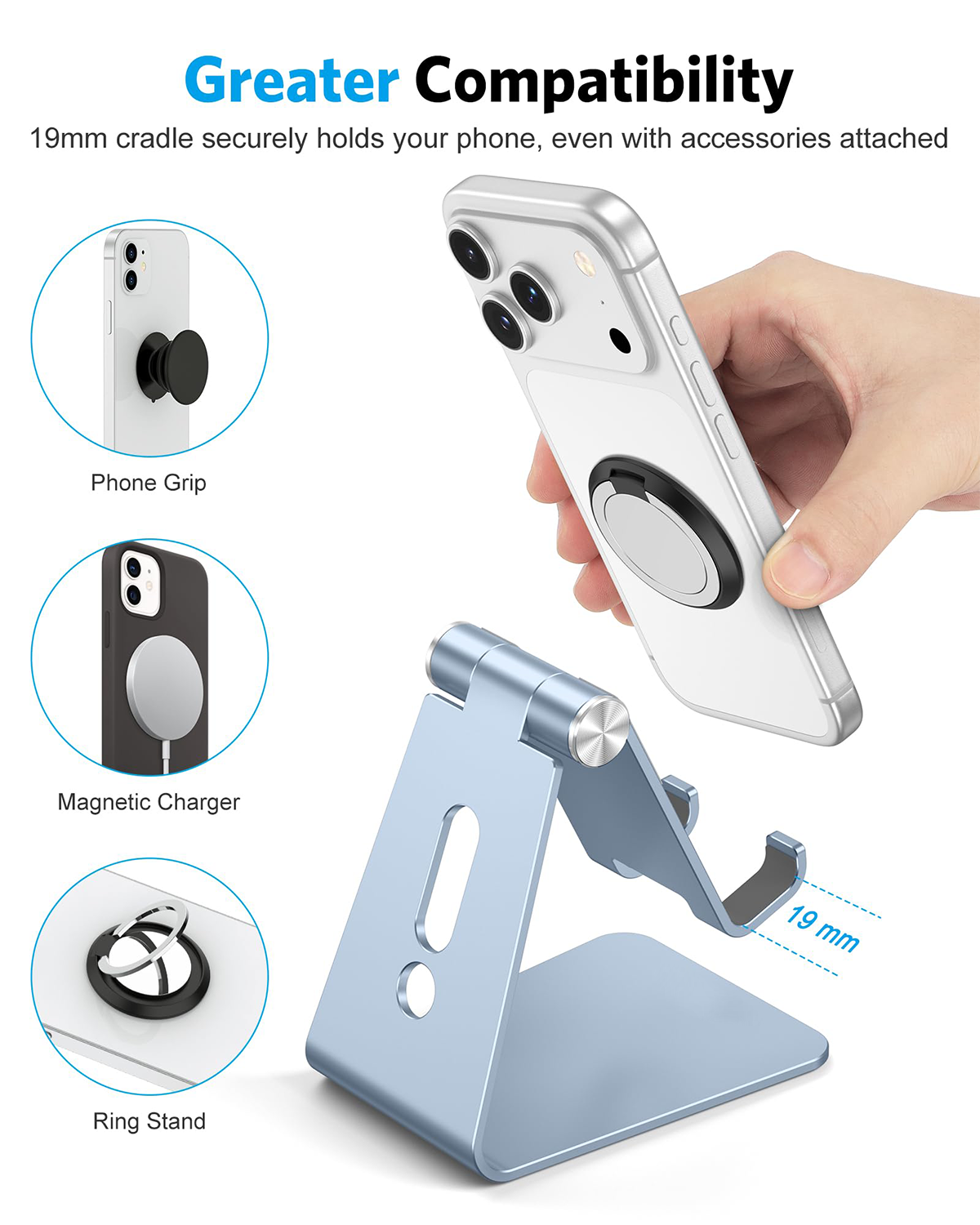 Aluminum Desktop Cellphone Stand with Anti-Slip Base and Convenient Charging Port, Fits All Smart Phones, Light Blue