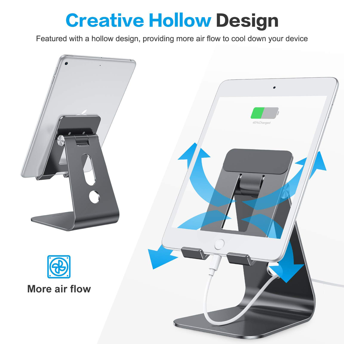T2 Tablet Stand for Desk, Aluminum Holder for iPad Pro/Air, Black