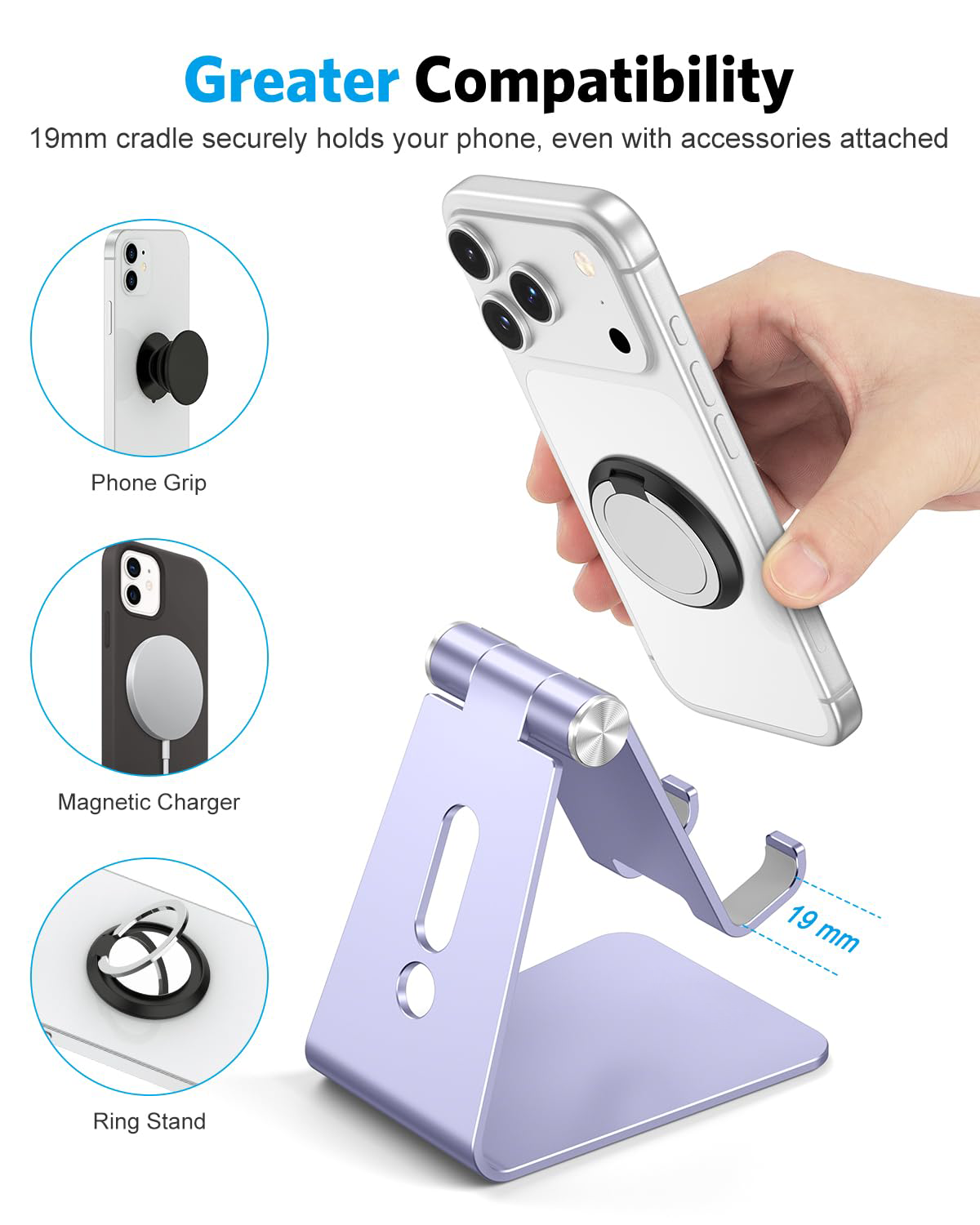 C2 Aluminum Desktop Cellphone Stand with Anti-Slip Base and Convenient Charging Port, Fits All Smart Phones, Haze Purple