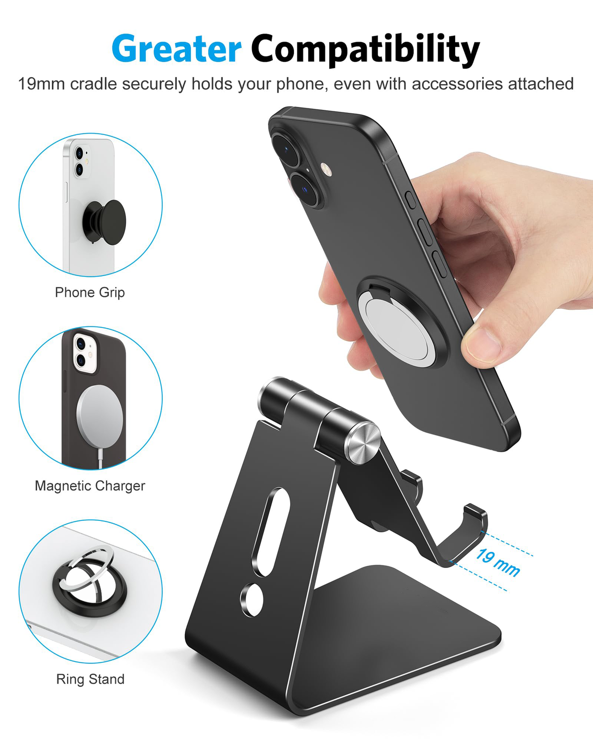 C2 Adjustable Aluminum Cell Phone Stand with Charging Cutout, Black