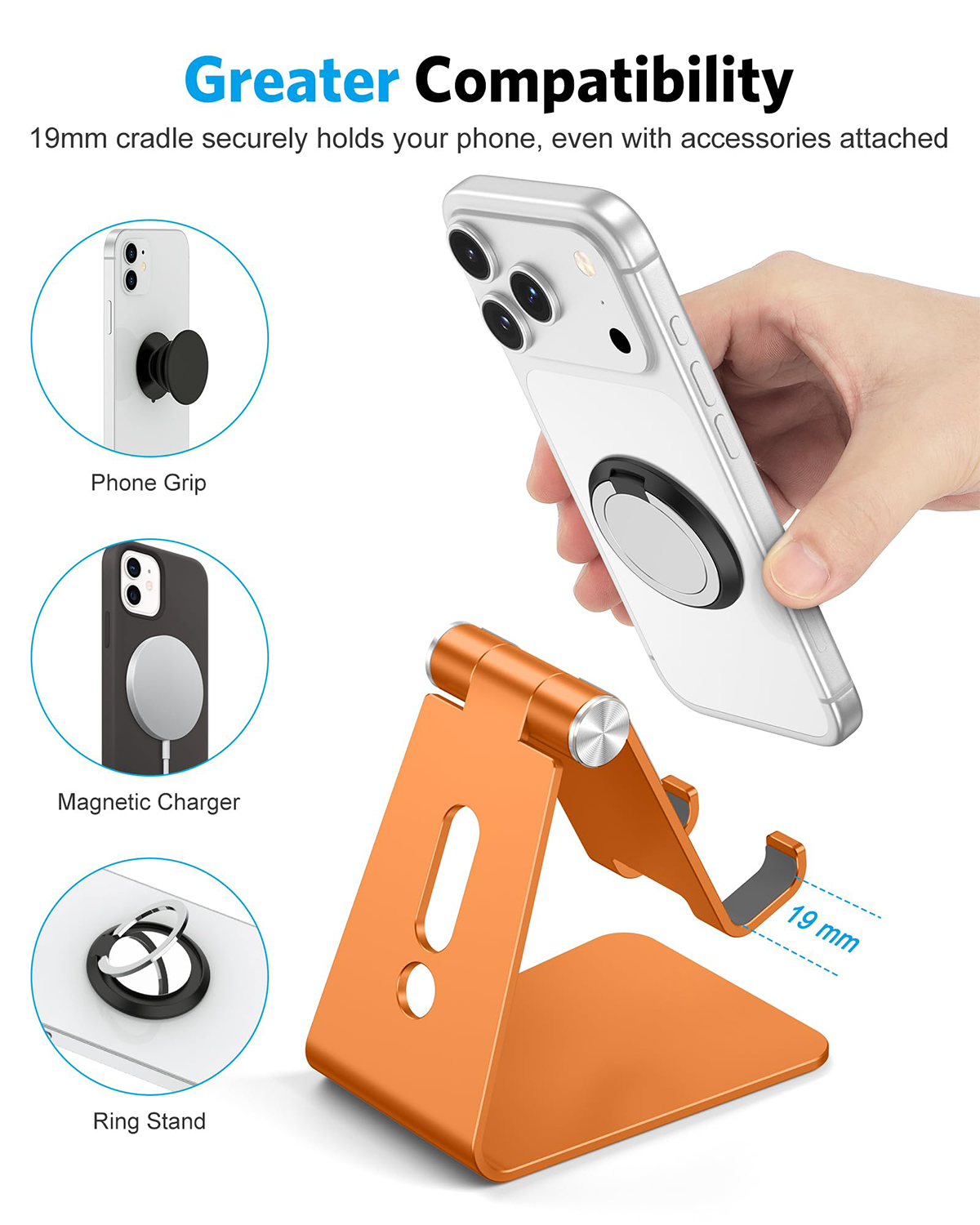 Aluminum Desktop Cellphone Stand with Anti-Slip Base and Convenient Charging Port, Fits All Smart Phones, Orange
