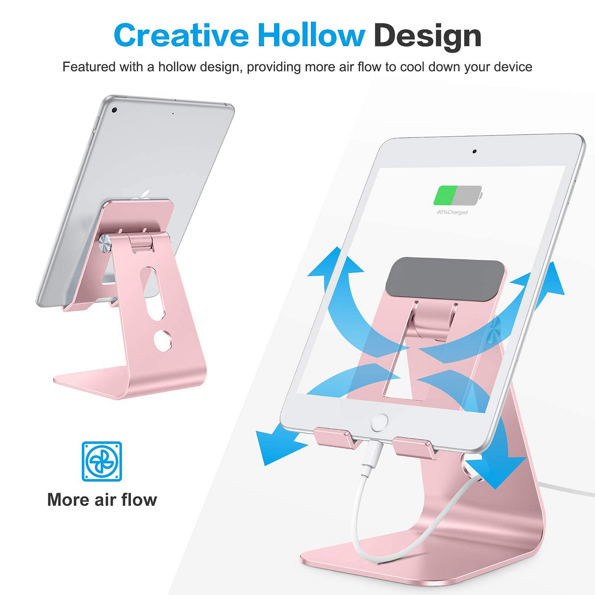Adjustable Tablet Stand for Desk, Upgraded Longer Arms for Greater Stability, T2 Tablet Holder with Hollow Design for Bigger Sized Phones and Tablets Such as iPad Pro/Air/Mini, Rose Gold