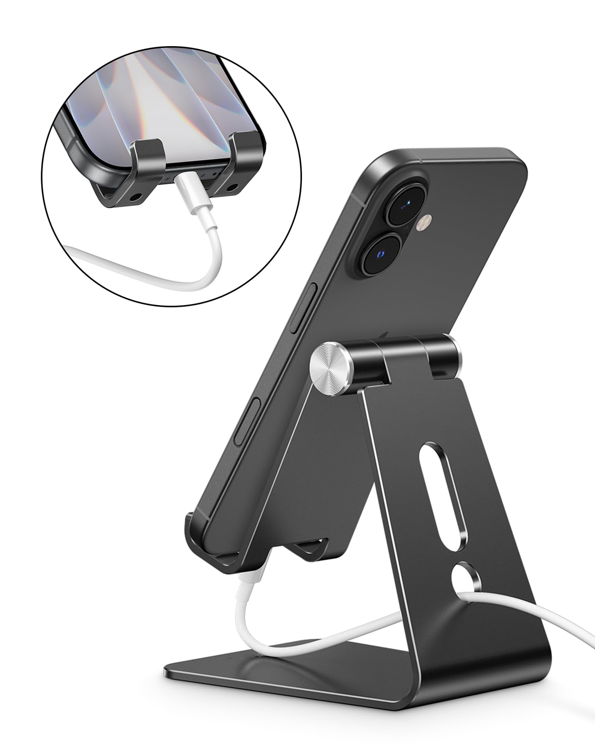C2 Adjustable Aluminum Cell Phone Stand with Charging Cutout, Black