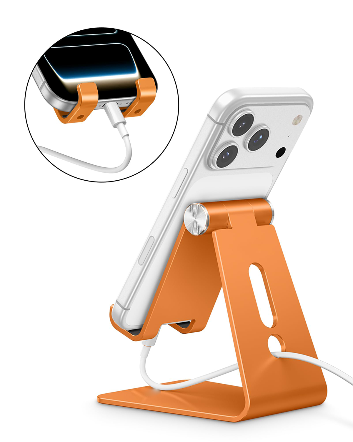 Aluminum Desktop Cellphone Stand with Anti-Slip Base and Convenient Charging Port, Fits All Smart Phones, Orange