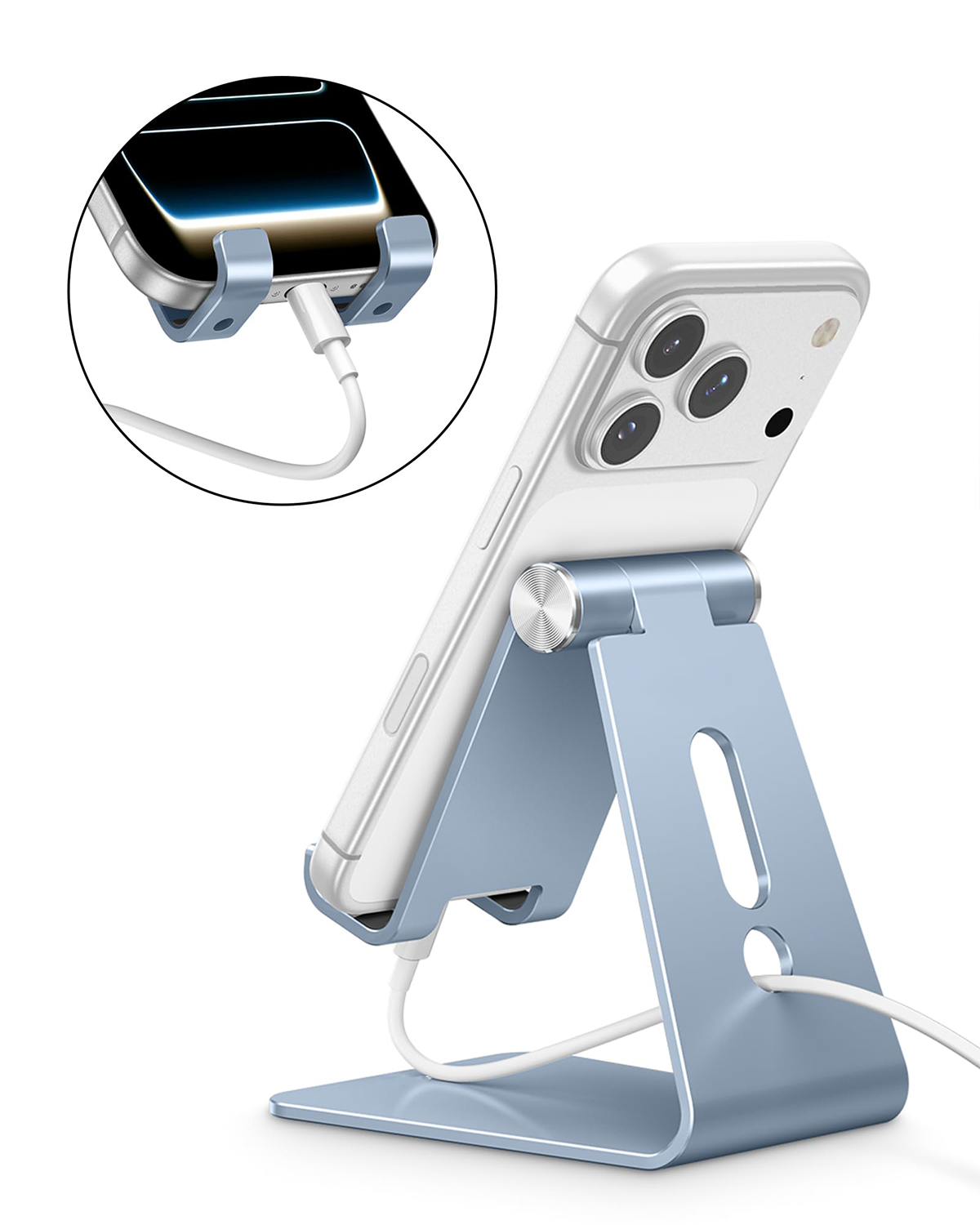 Aluminum Desktop Cellphone Stand with Anti-Slip Base and Convenient Charging Port, Fits All Smart Phones, Light Blue