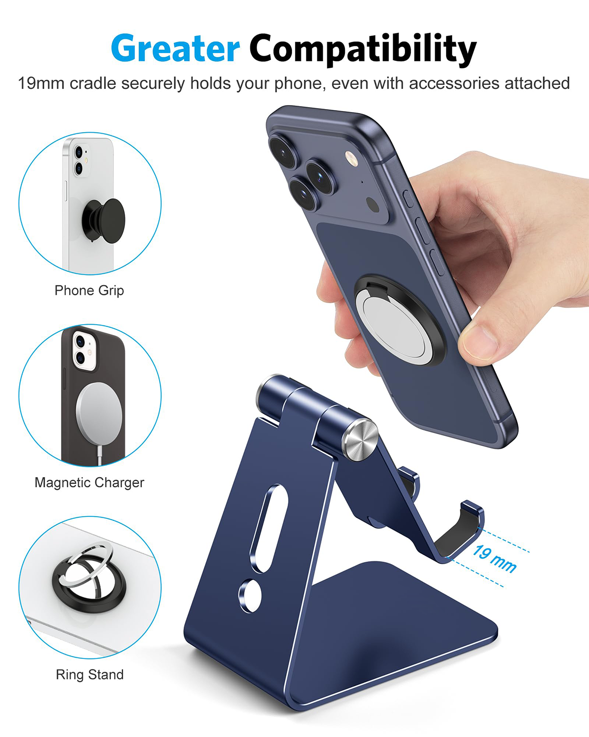 C2 Adjustable Cell Phone Stand with Charging Cutout, Navy Blue