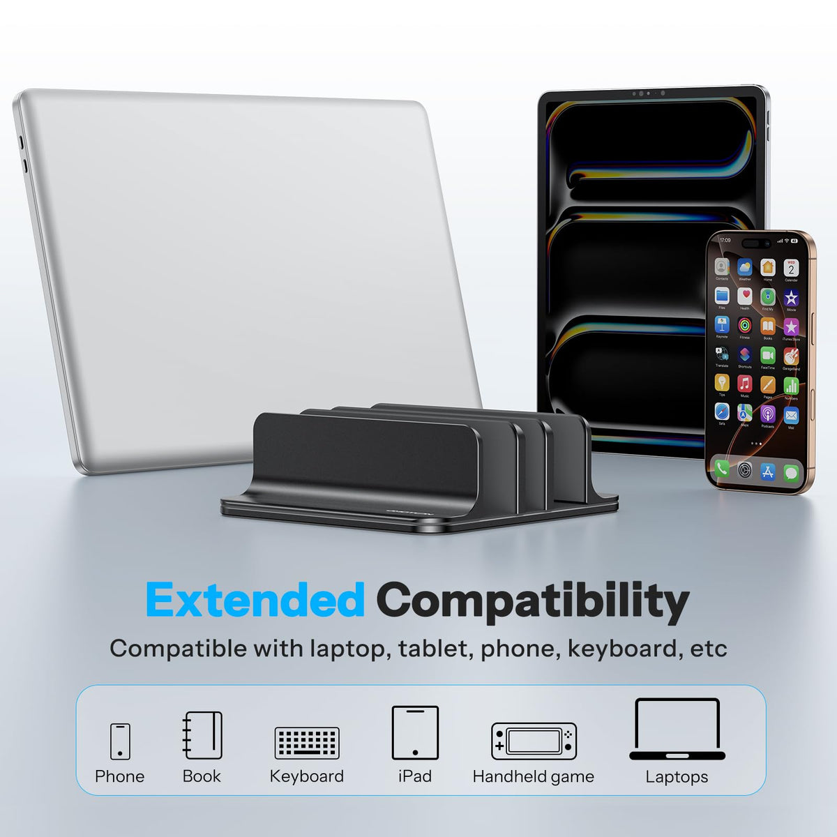 3-Slot Multiple Vertical Laptop Stand, Fits All MacBook, Black