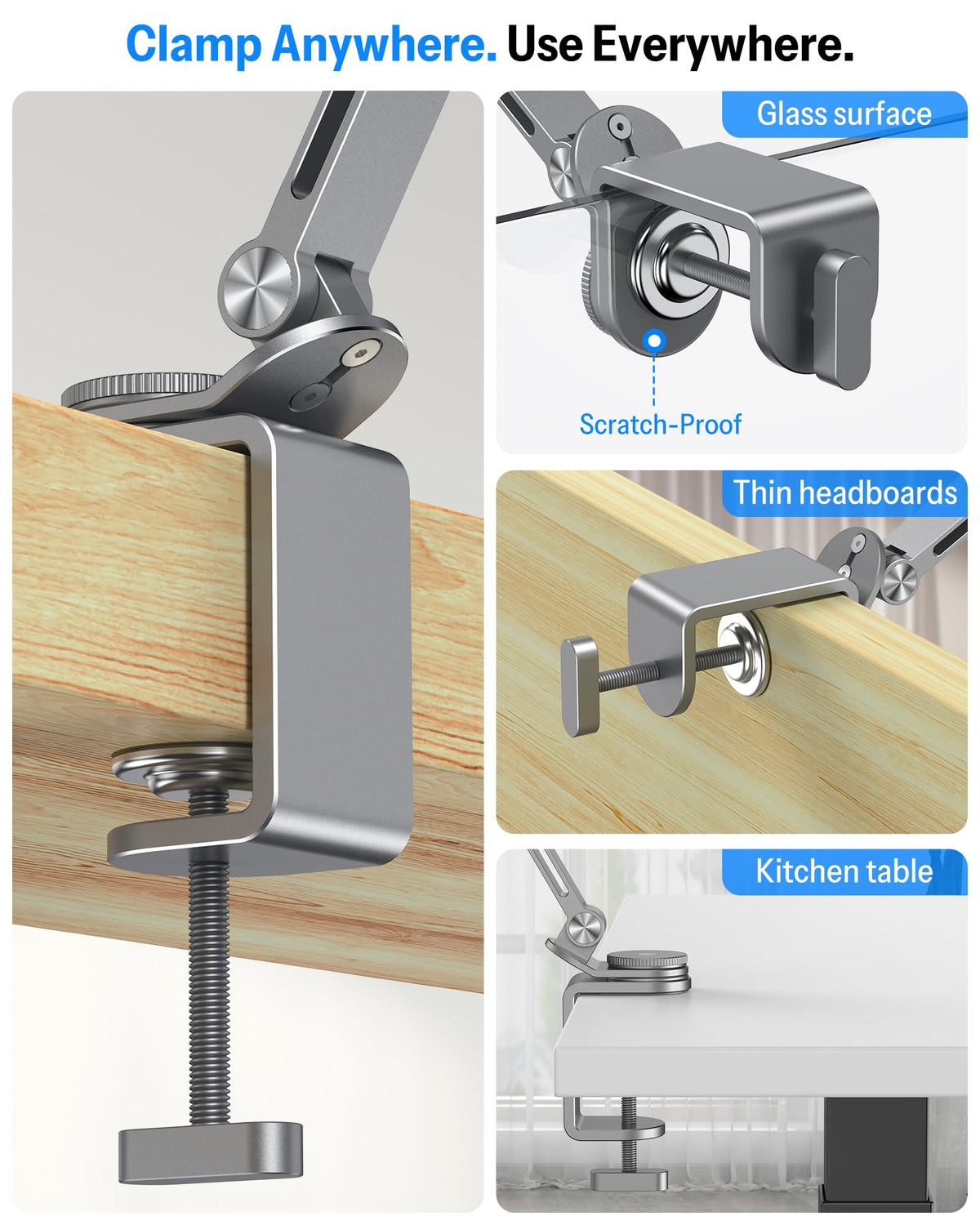 Tablet Stand for iPad with 360° Rotation, GH04 Aluminum Alloy Long Arm Phone Mount with Magnetic Phone Head & Plastic Tablet Clamp, Adjustable Holder for 4-13" iPad Pro/iPhone, Grey