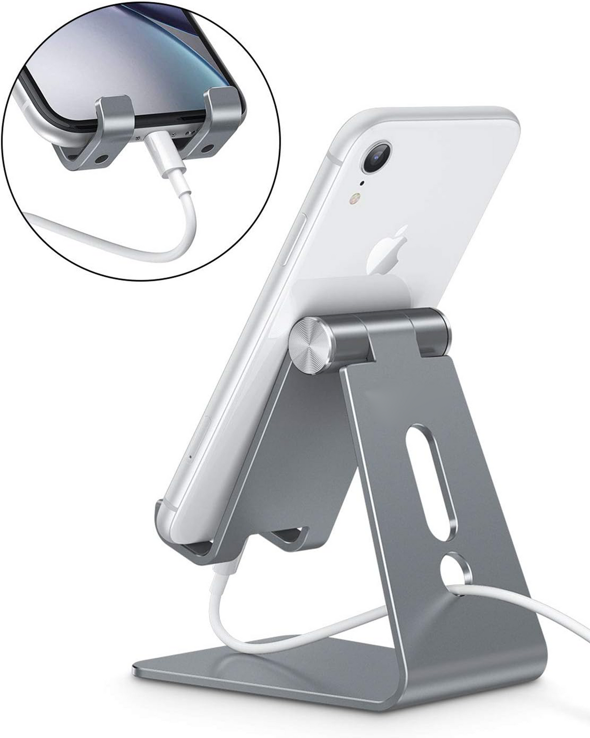 C2 Adjustable Aluminum Cell Phone Stand with Charging Cutout, Grey