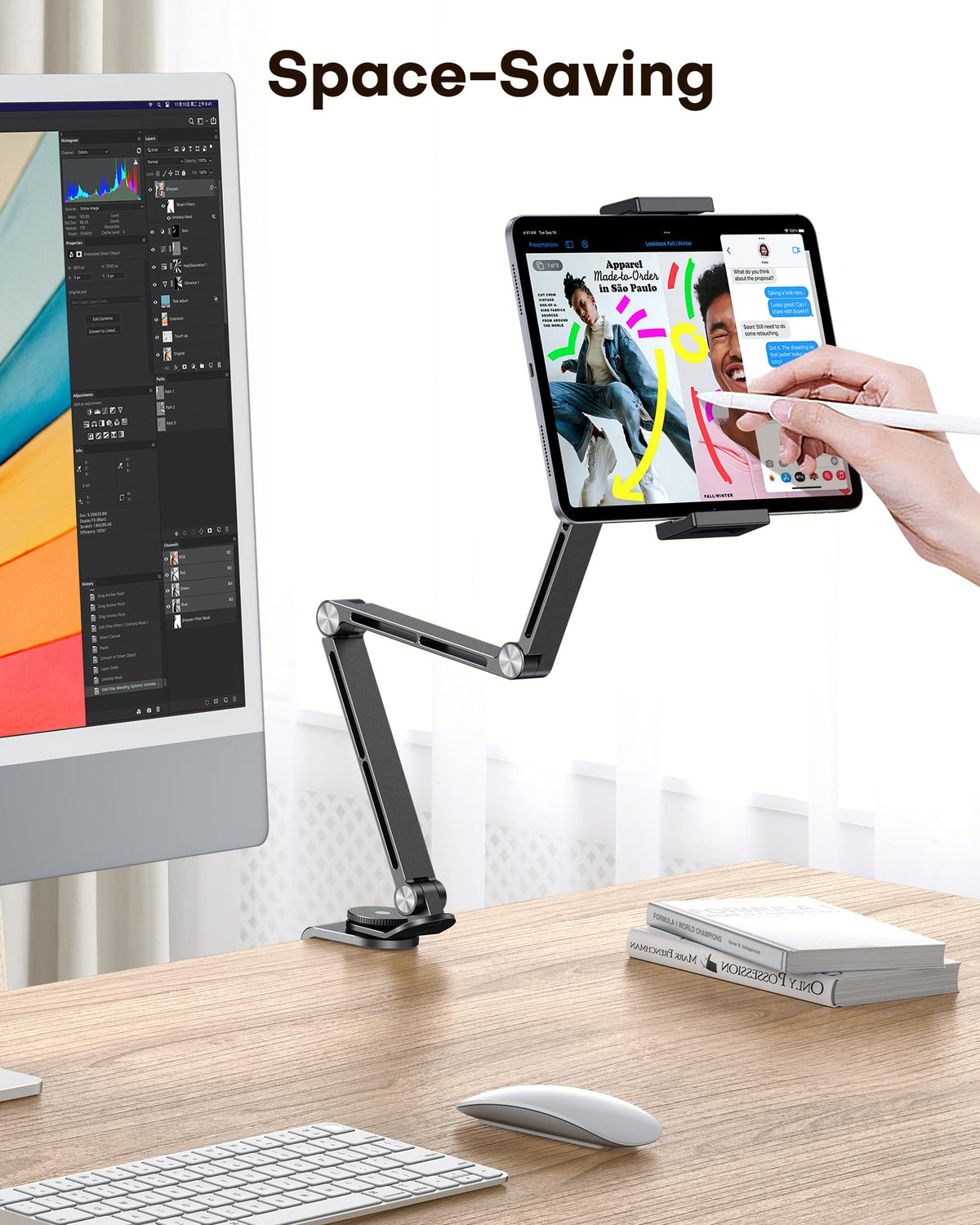 GH03 Tablet Holder with 2 ABS Clamps, Aluminum Long Arm Mount, Black