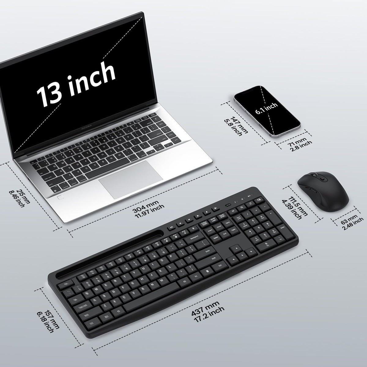 Dark Black Wireless Keyboard and Mouse Combo, Built-in Phone Holder