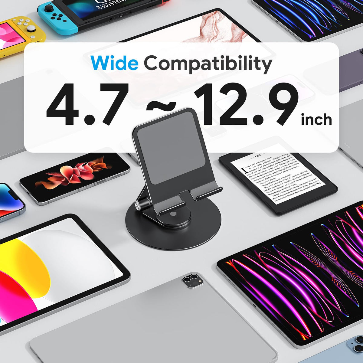 Swivel Tablet Stand for iPad with 360 Rotating Base, Foldable Adjustable Holder for Drawing, Compatible with iPad Pro/Air/Mini and More, Black Gray